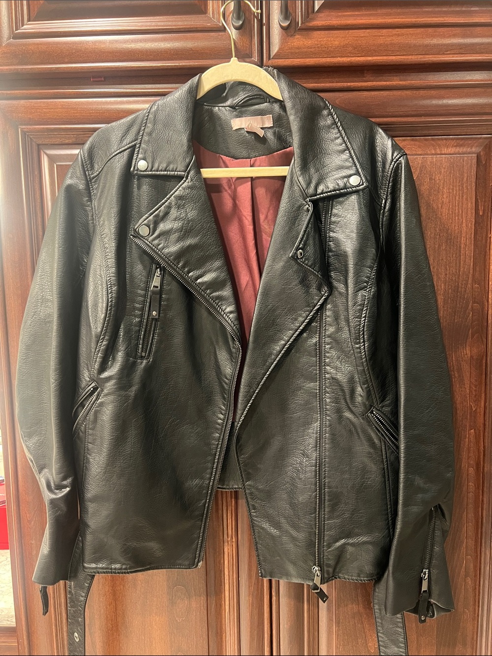 H&M Black Leather Motorcycle Jacket with Burgundy Lining